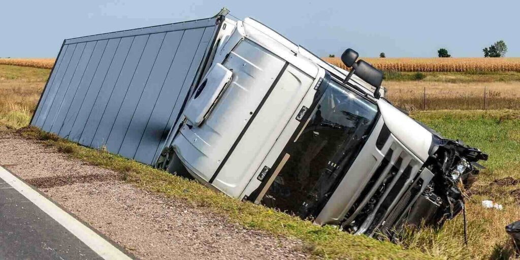 truck lies in a side ditch after the road accident