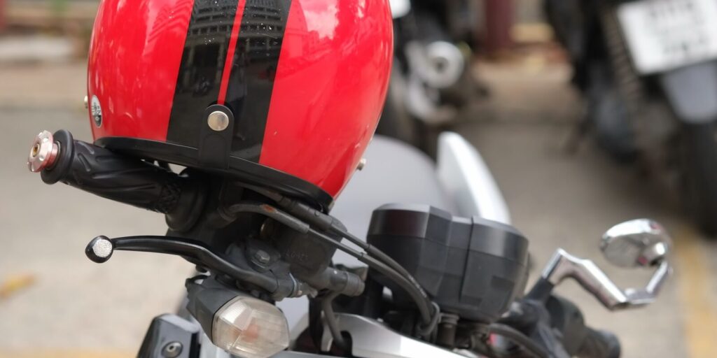 helmet with red polish reflections of a hat