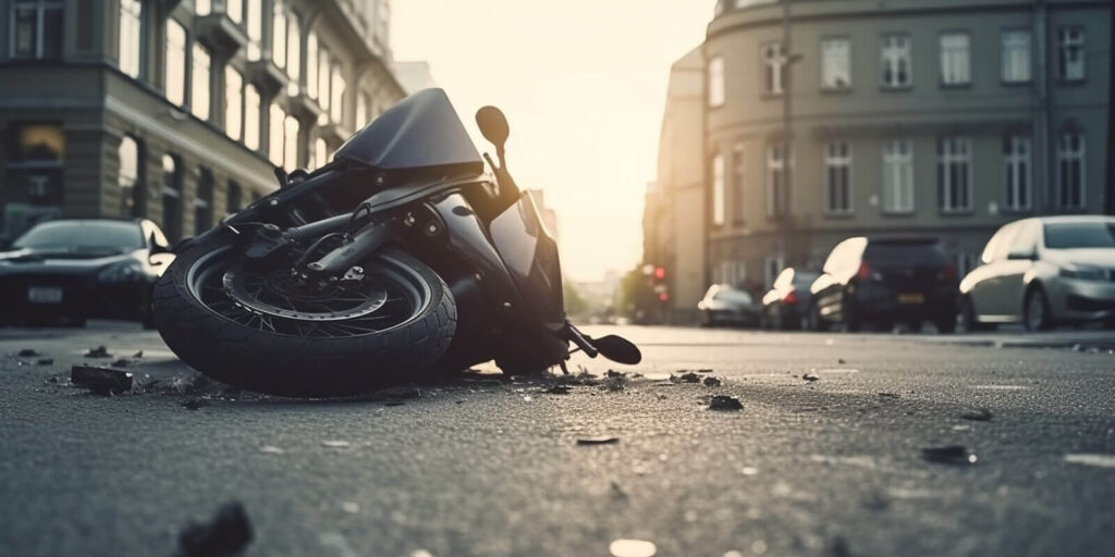 fragments of a broken motorcycle on the pavement after CA motorcycle accident
